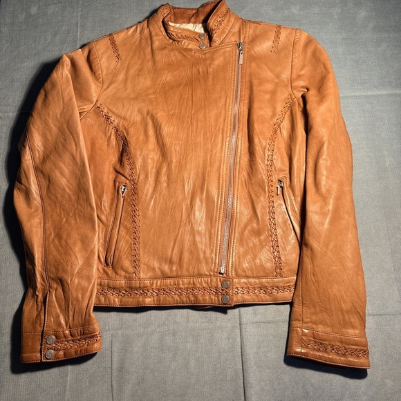 Cole Haan Jackets & Blazers - Cole Haan Collection Tan Lambskin Leather Whipstitch Moto Jacket Womens Medium